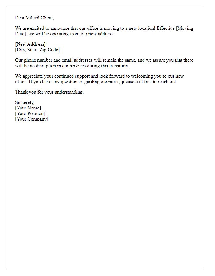 Letter template of office move notification to clients.