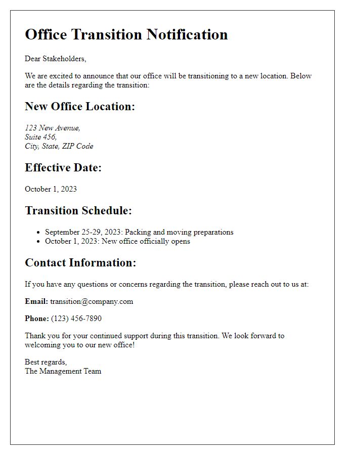 Letter template of office transition details for stakeholders.