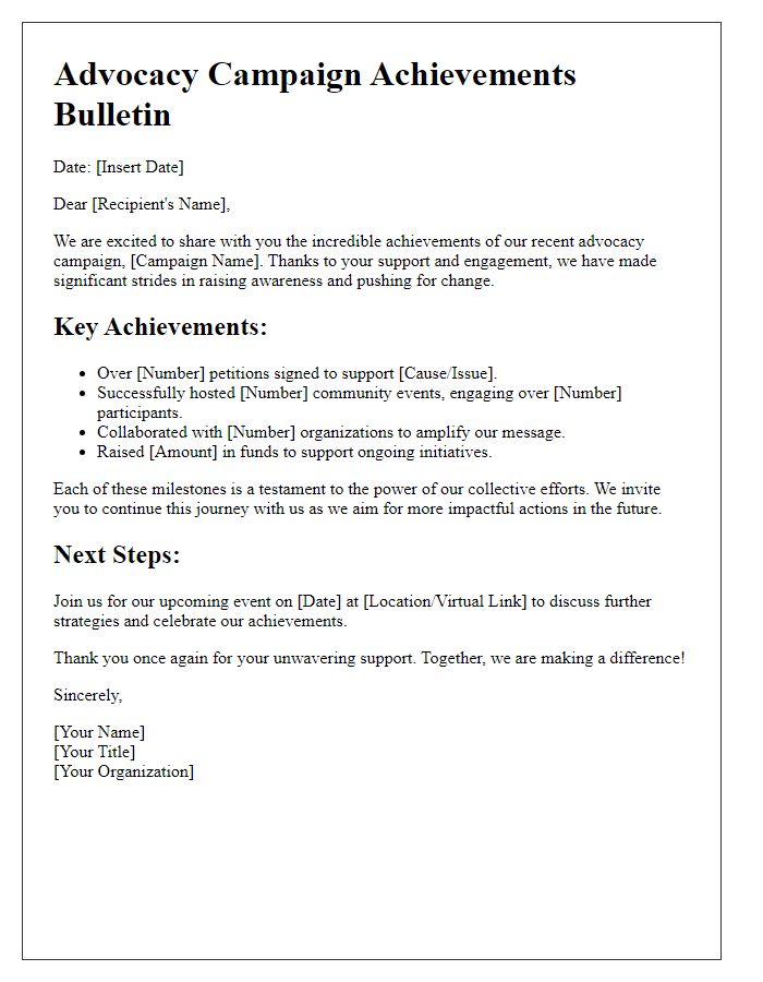 Letter template of advocacy campaign achievements bulletin