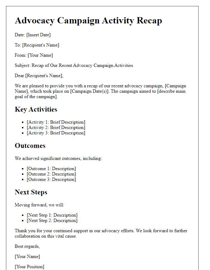 Letter template of advocacy campaign activity recap