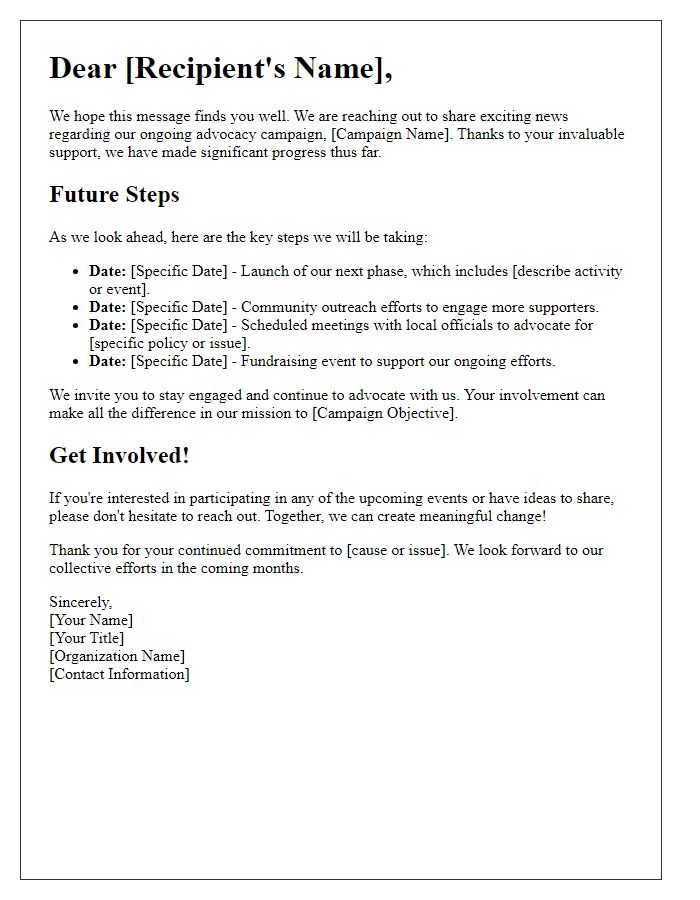 Letter template of advocacy campaign future steps announcement
