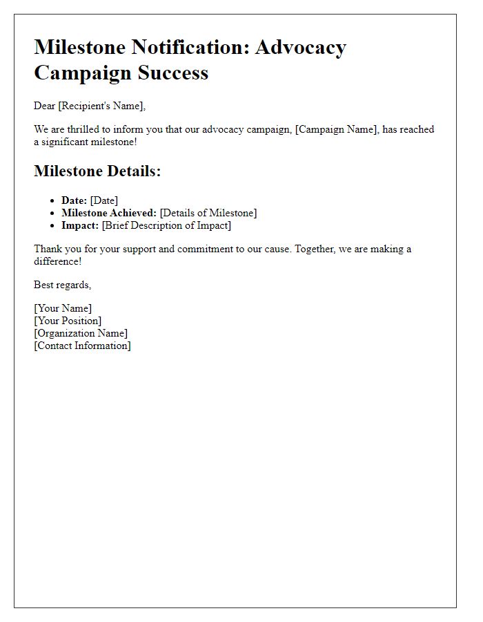 Letter template of advocacy campaign milestone notification