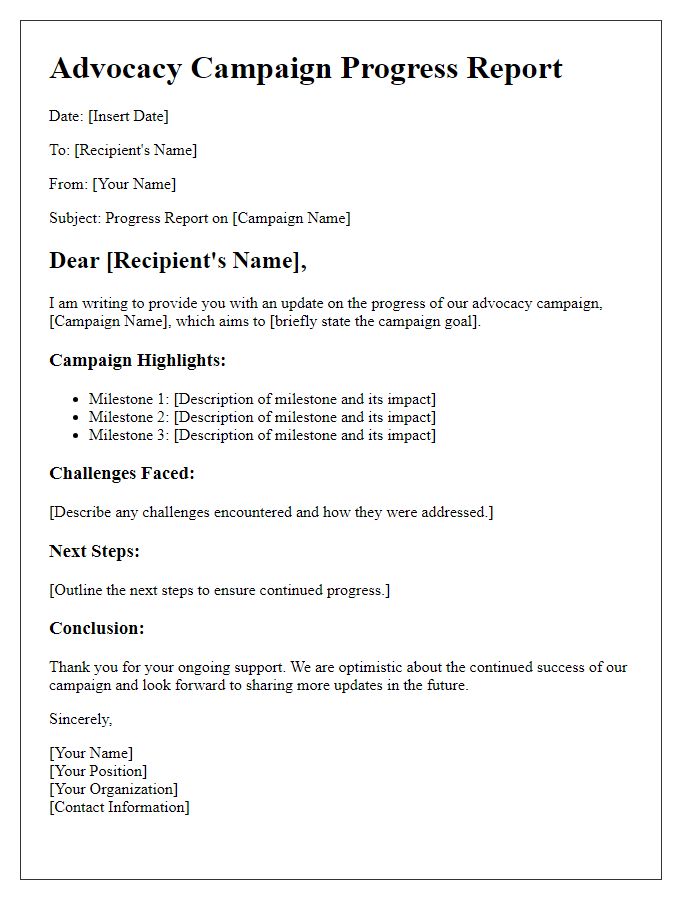 Letter template of advocacy campaign progress report