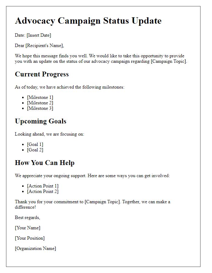 Letter template of advocacy campaign status update
