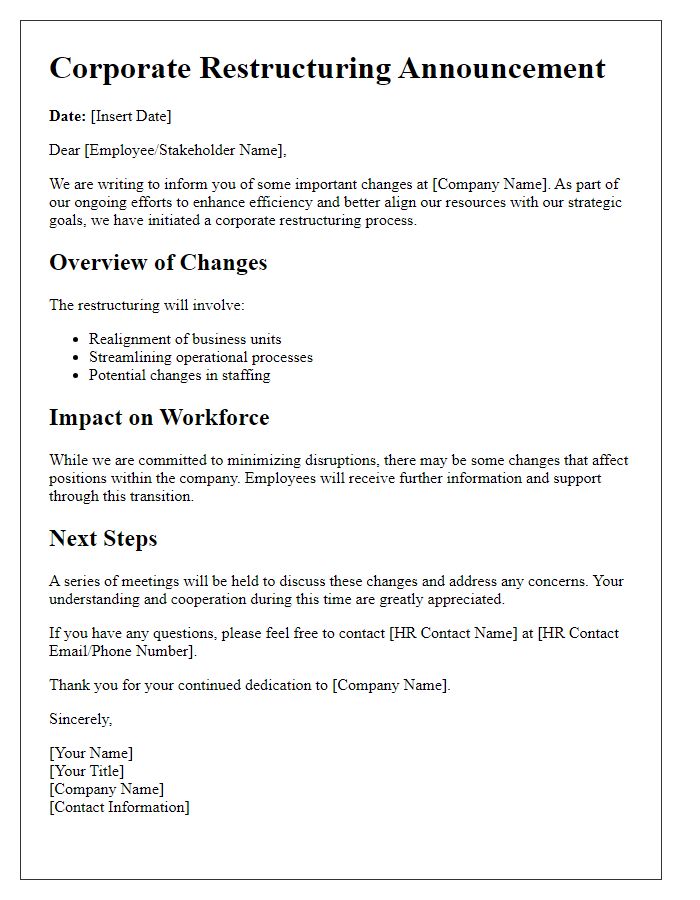 Letter template of corporate restructuring details