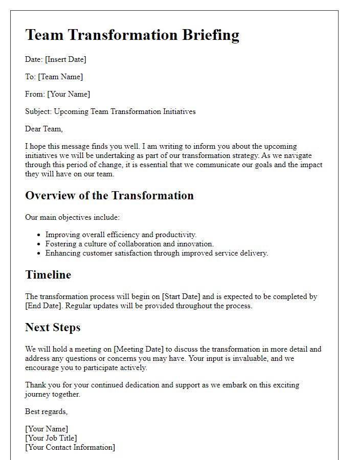 Letter template of team transformation briefing