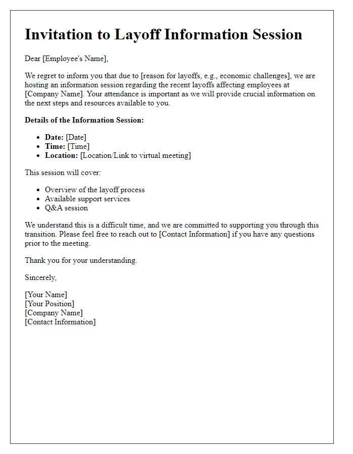 Letter template of layoff information session invitation for affected employees