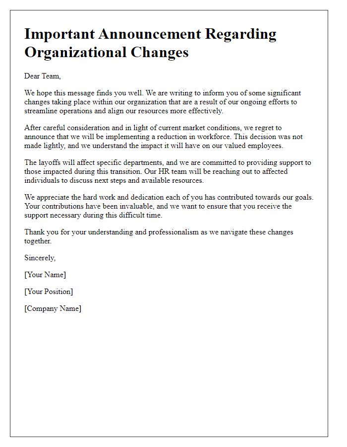 Letter template of organizational change announcement for layoffs