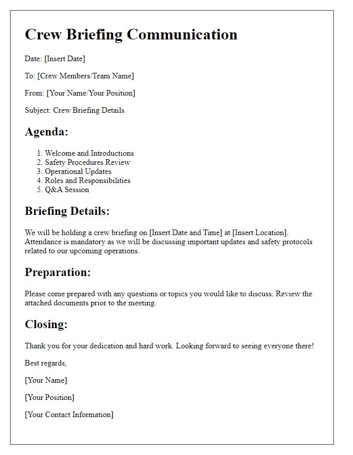 Letter template of crew briefing communication