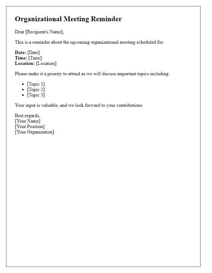 Letter template of organizational meeting reminder