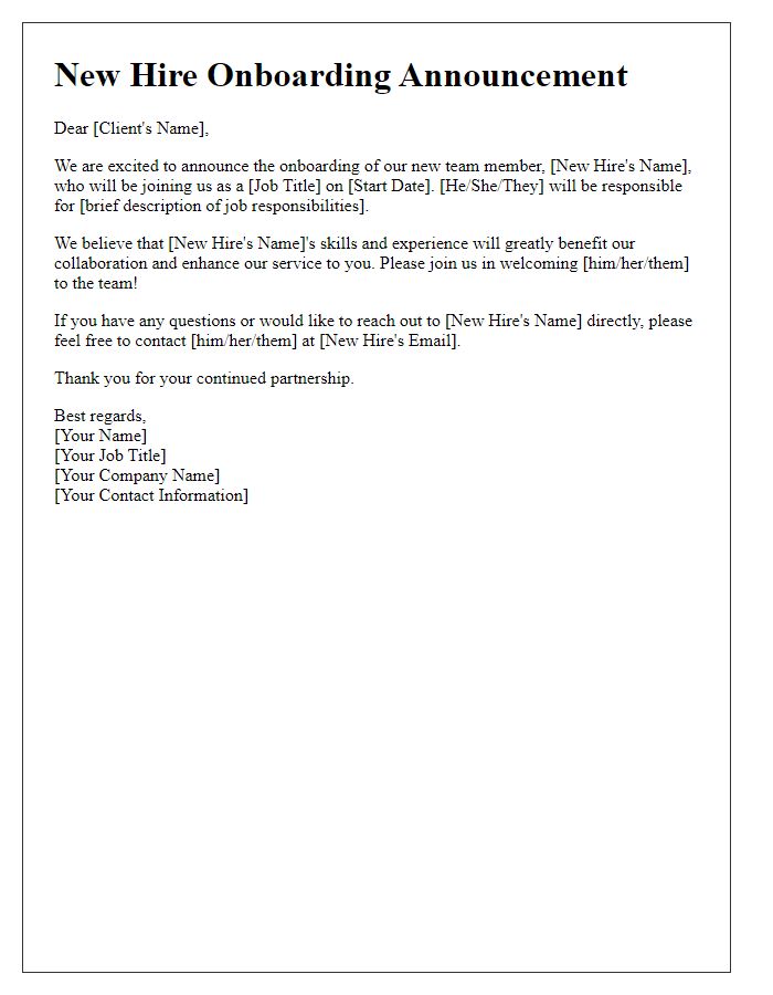 Letter template of new hire onboarding announcement for client notification