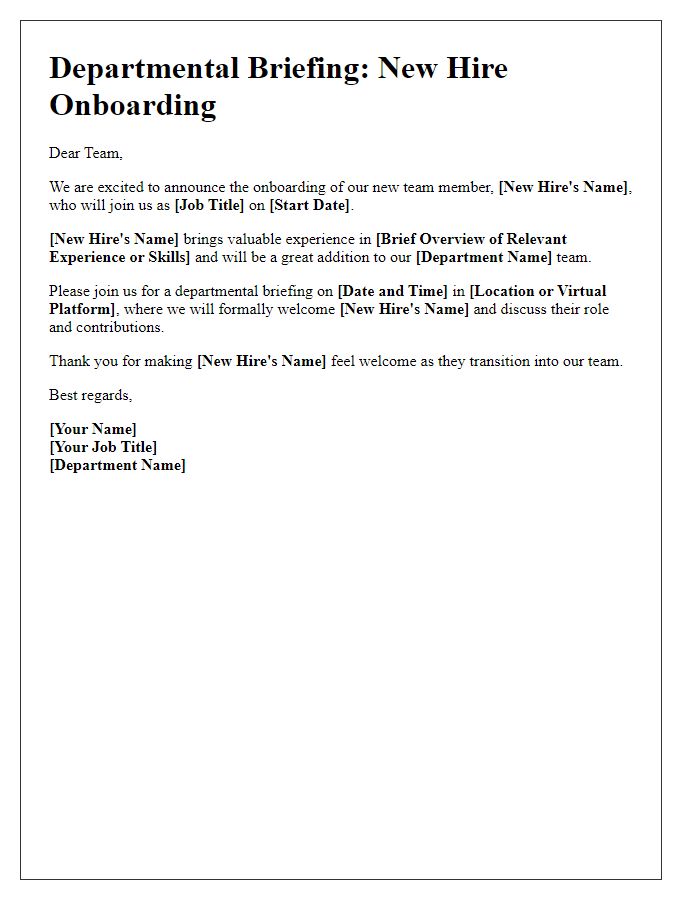 Letter template of new hire onboarding announcement for departmental briefing