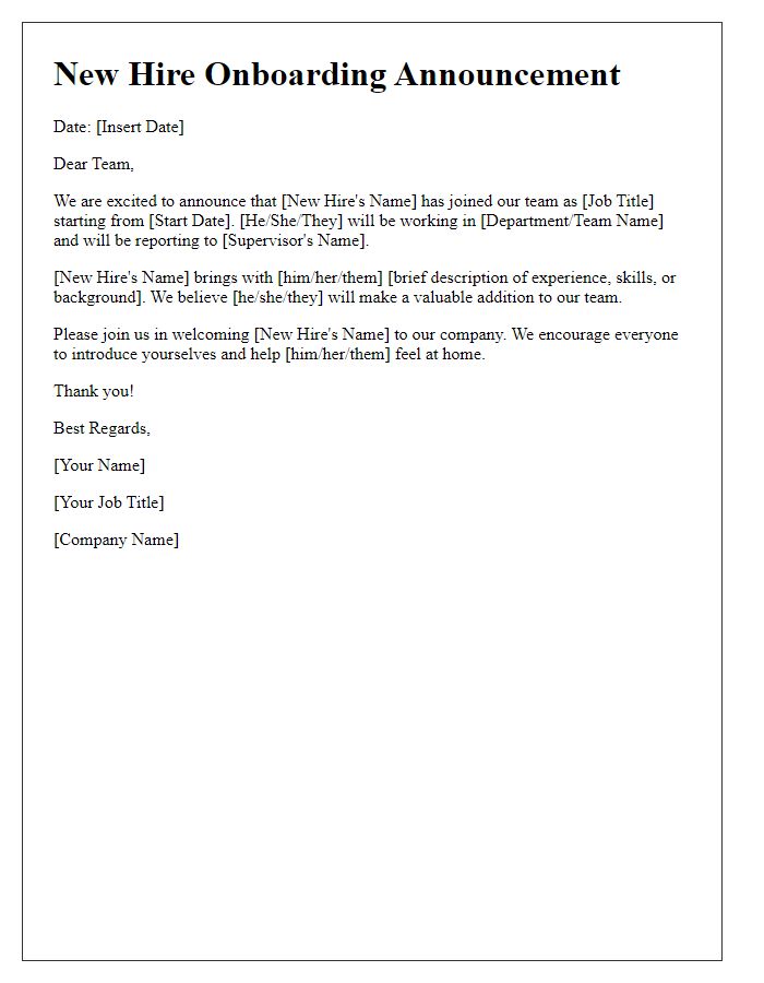 Letter template of new hire onboarding announcement for HR records