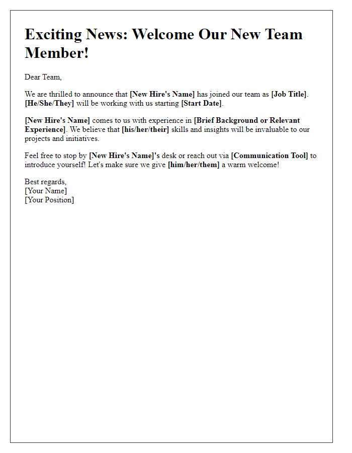 Letter template of new hire onboarding announcement for internal newsletter