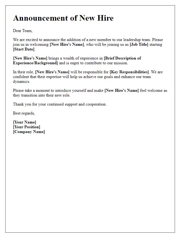 Letter template of new hire onboarding announcement for leadership update