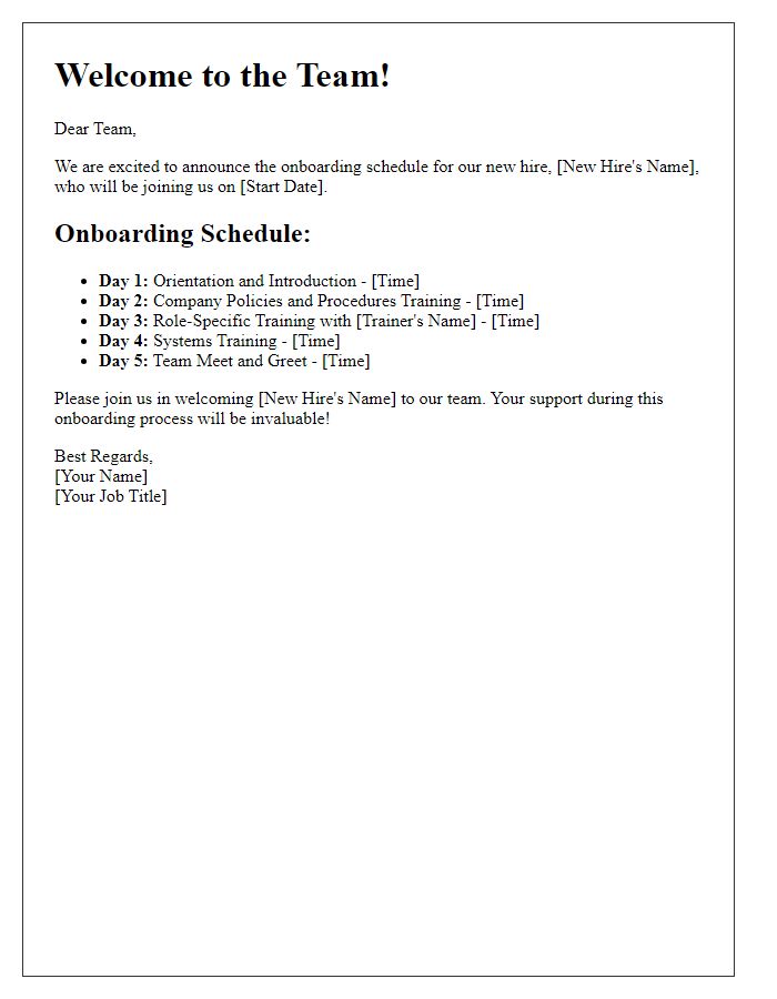 Letter template of new hire onboarding announcement for training schedule