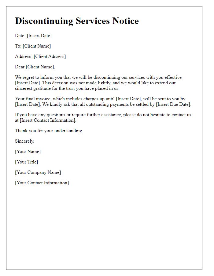 Letter template of discontinuing services notice