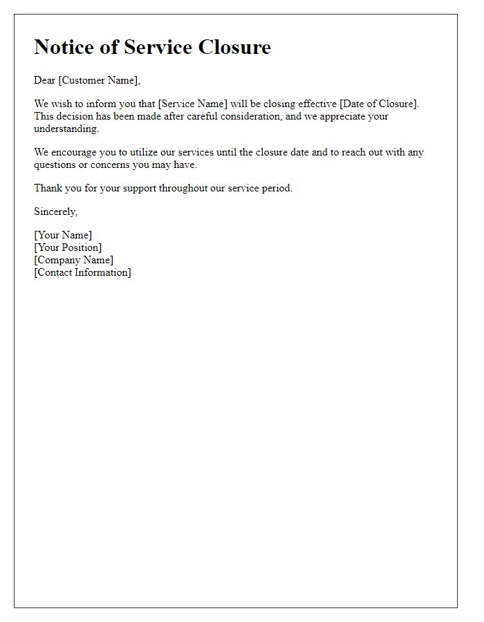 Letter template of service closure information