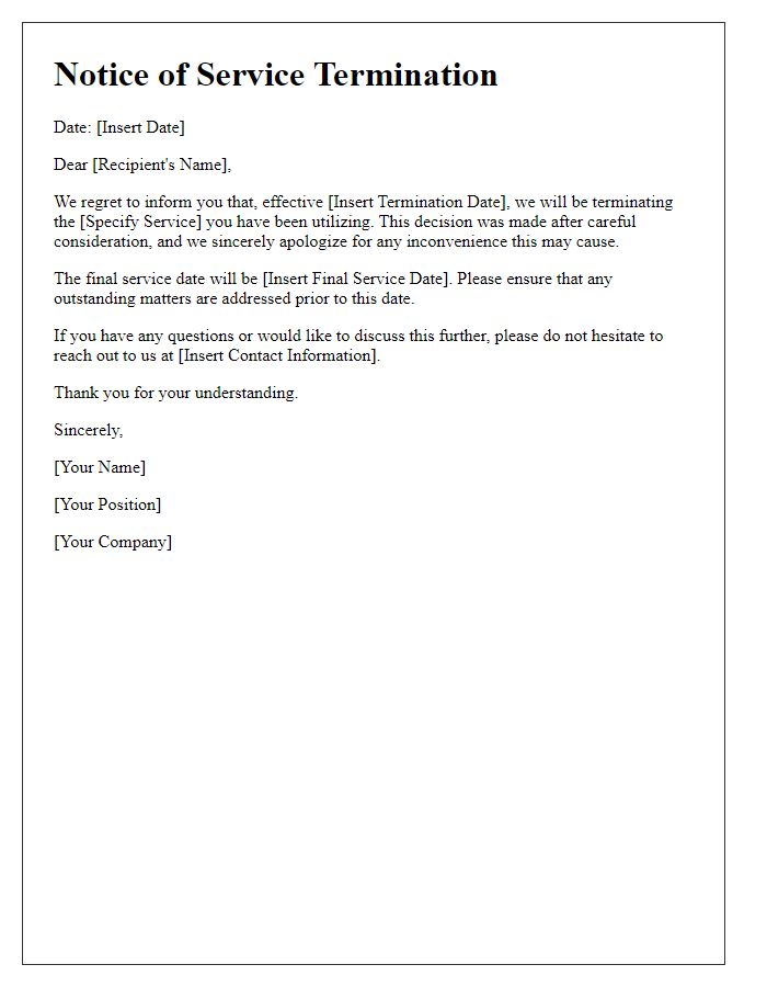 Letter template of service termination announcement