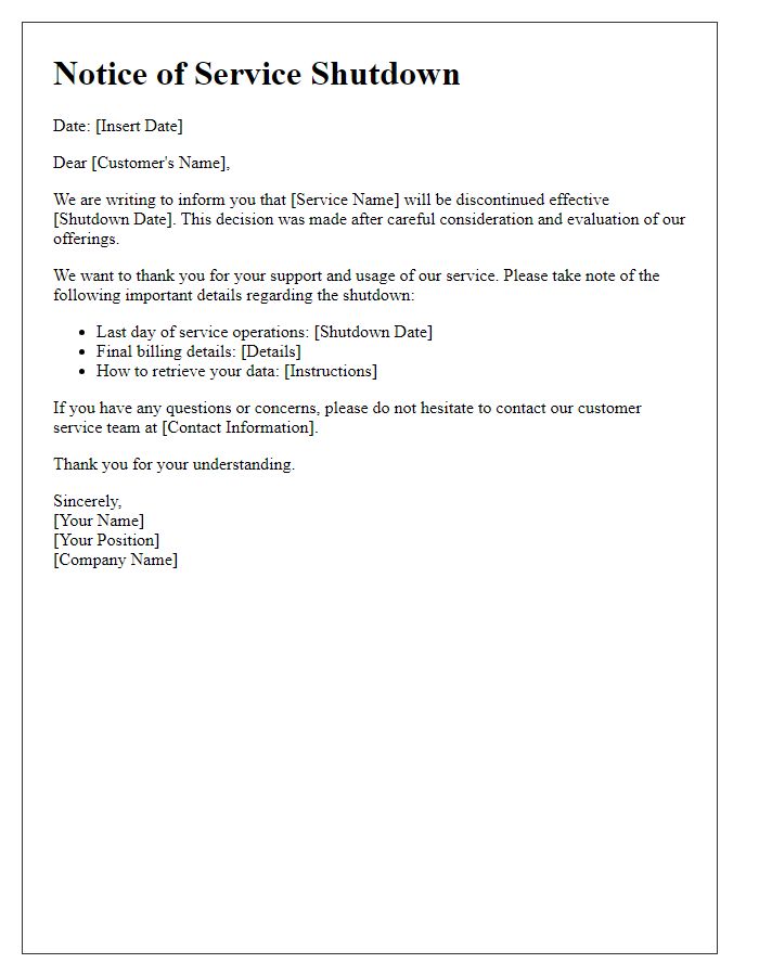 Letter template of shutting down service communication