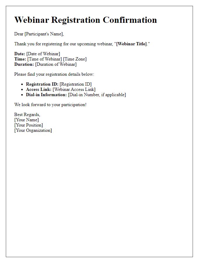 Letter template of registration details for the webinar