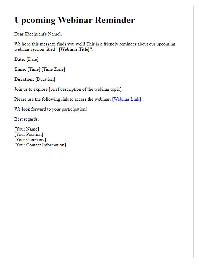 Letter template of reminder for the upcoming webinar session