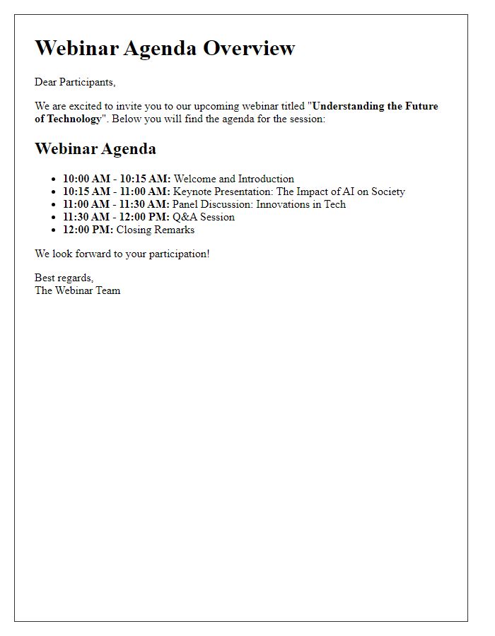 Letter template of webinar agenda overview