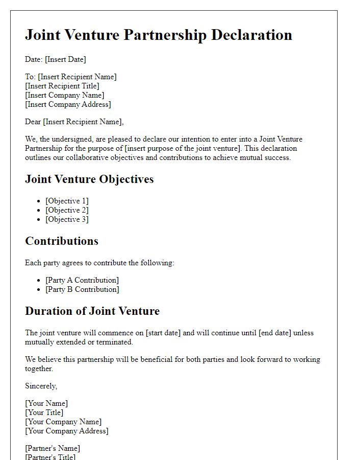 Letter template of Joint Venture Partnership Declaration