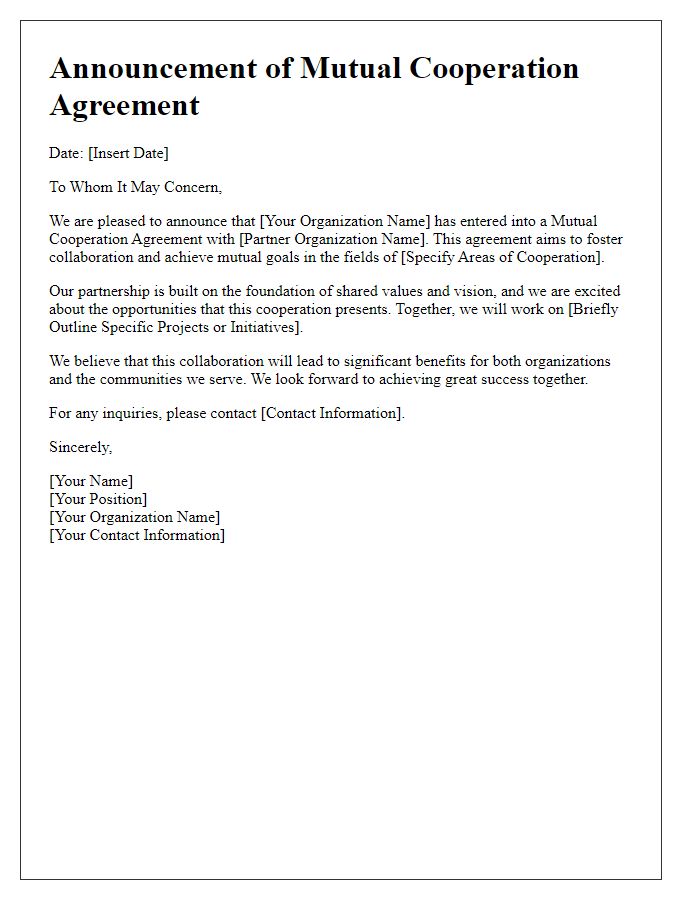 Letter template of Mutual Cooperation Agreement Announcement