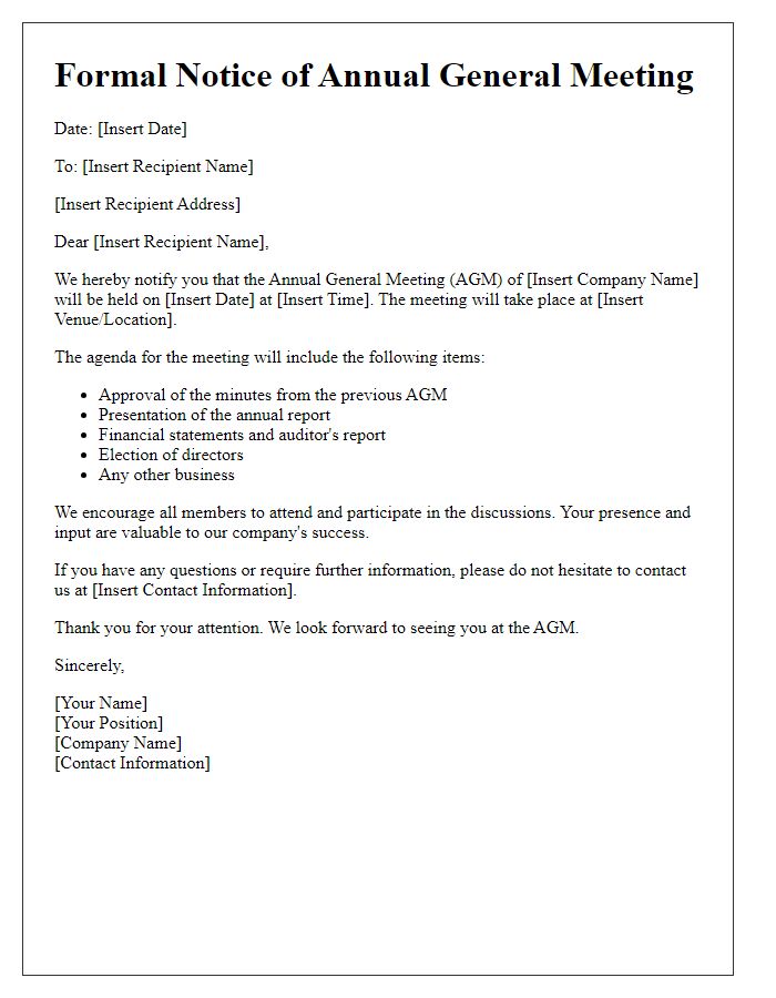 Letter template of formal notice for annual general meeting