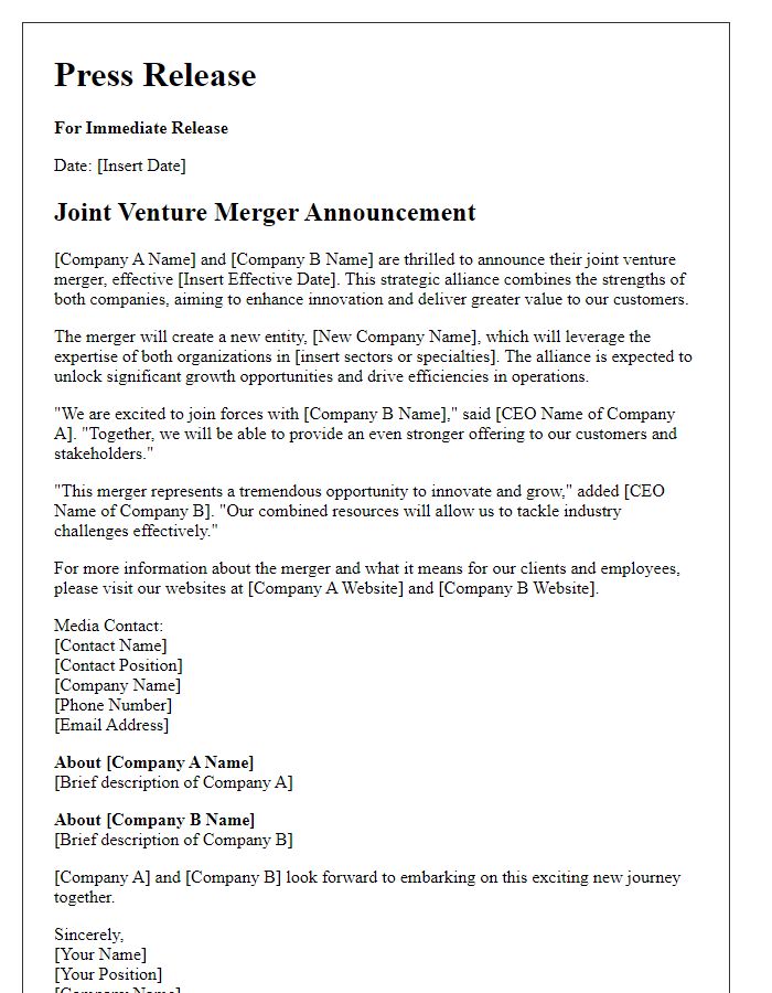 Letter template of joint venture merger announcement to media.