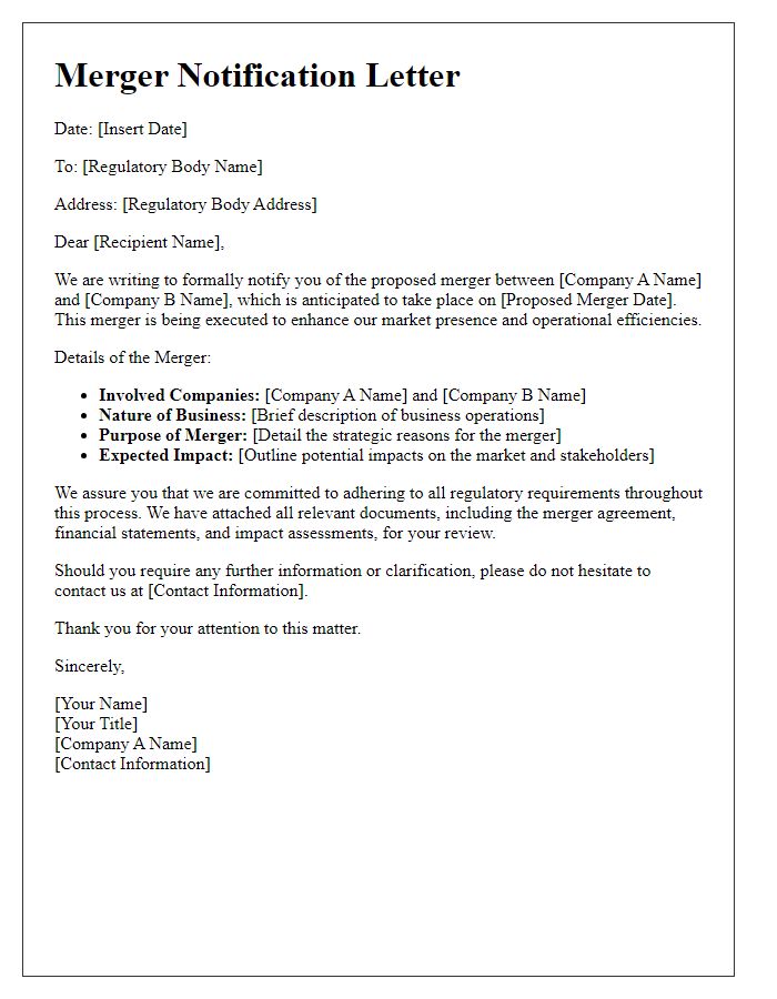 Letter template of merger details for regulatory bodies.