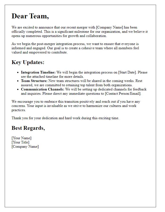 Letter template of post-merger integration communication for team.
