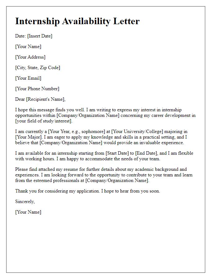 Letter template of Internship Availability for Career Development