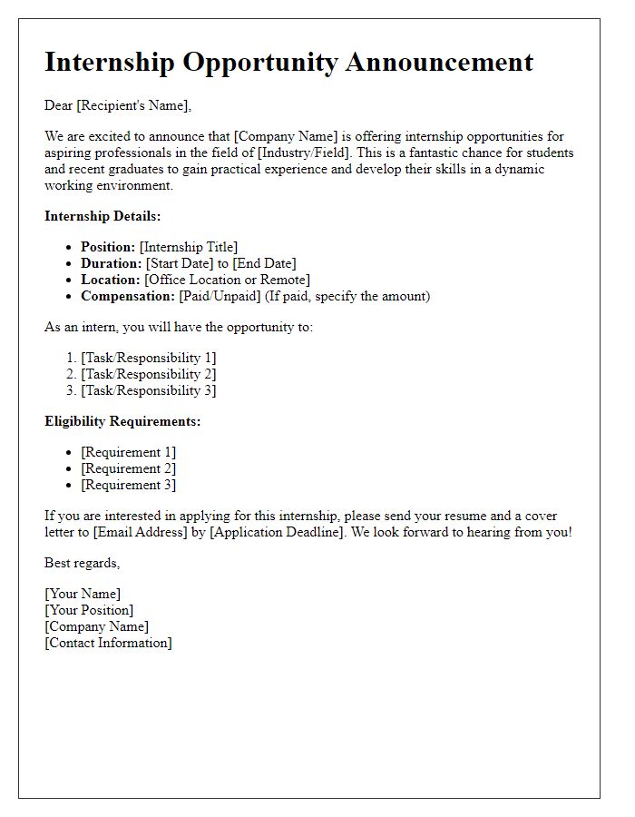 Letter template of Internship Opportunities for Aspiring Professionals