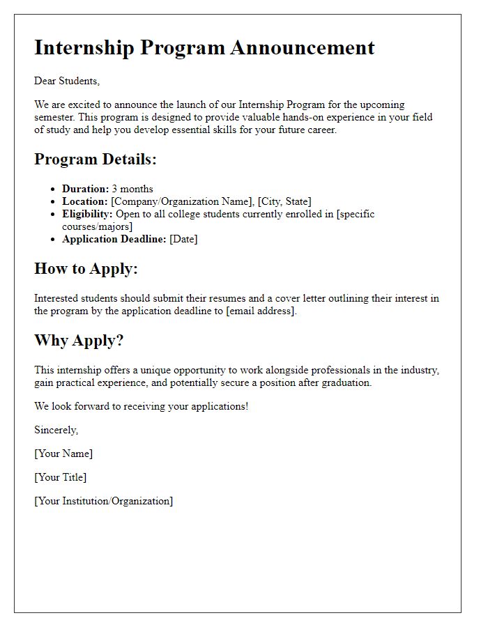 Letter template of Internship Program Announcement for College Students