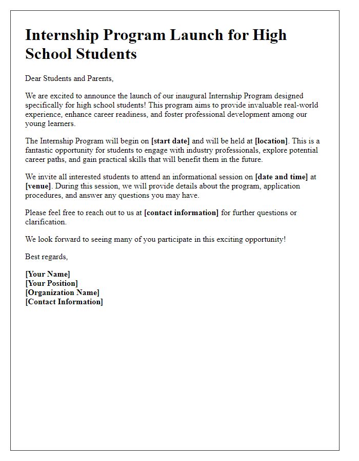 Letter template of Internship Program Launch for High School Students