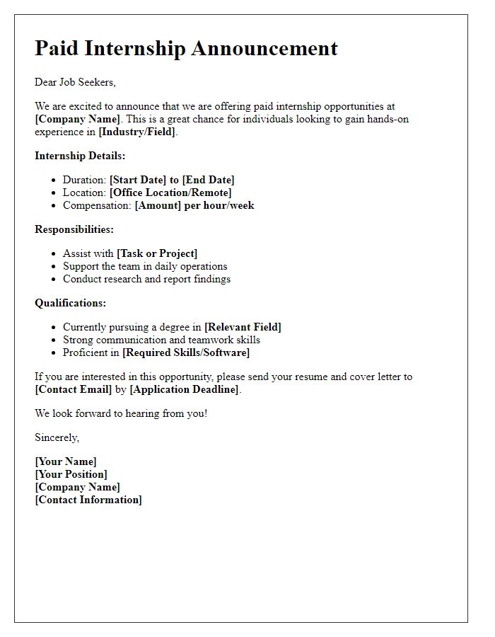 Letter template of Paid Internship Announcement for Job Seekers