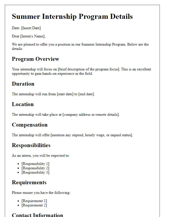 Letter template of Summer Internship Program Details