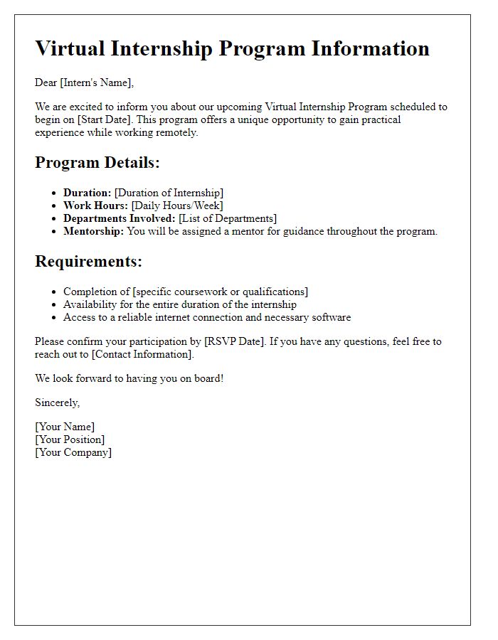 Letter template of Virtual Internship Program Information