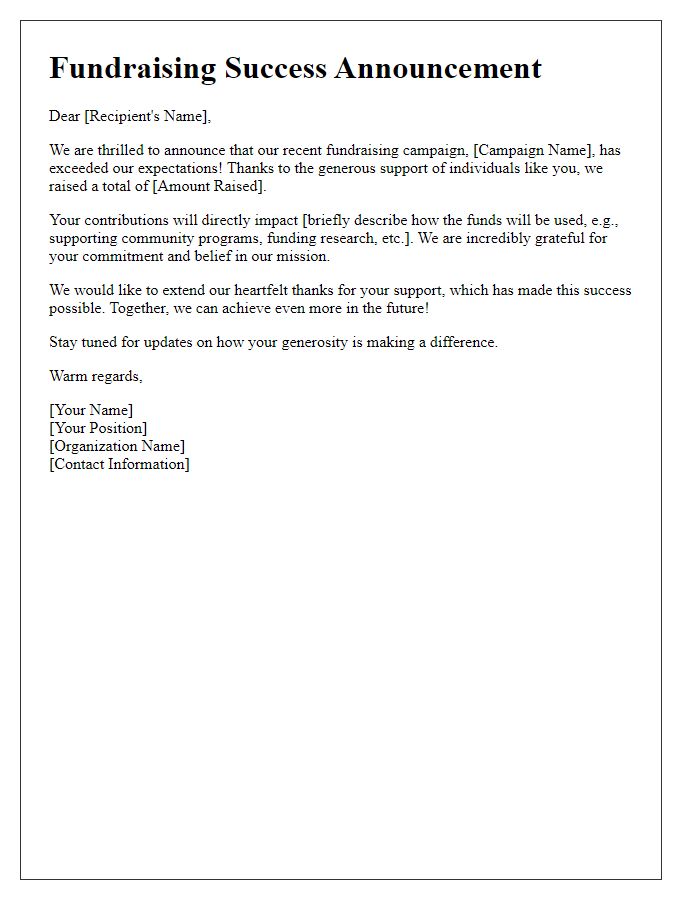 Letter template of successful fundraising announcement