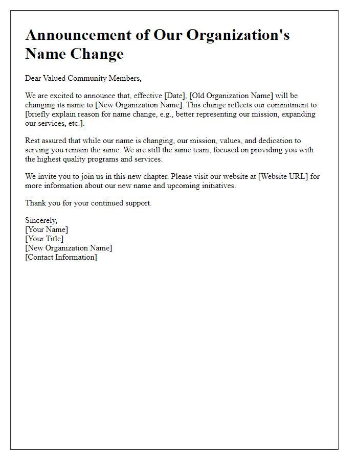 Letter template of organizational name change announcement for community members