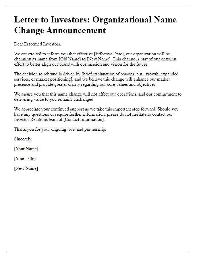 Letter template of organizational name change announcement for investors