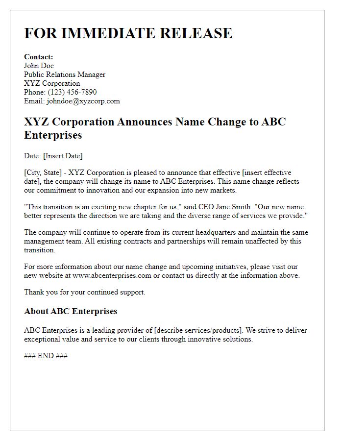 Letter template of organizational name change announcement for media