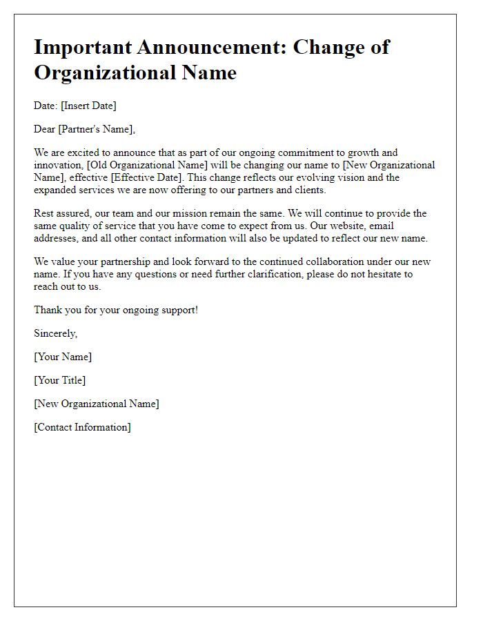 Letter template of organizational name change announcement for partners