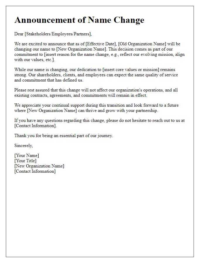 Letter template of organizational name change announcement for stakeholders