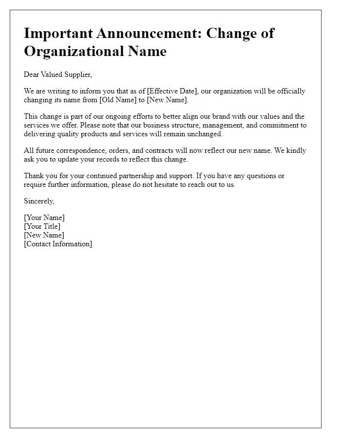 Letter template of organizational name change announcement for suppliers