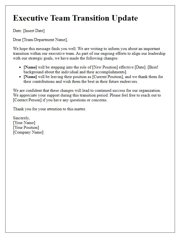 Letter template of executive team transition update.