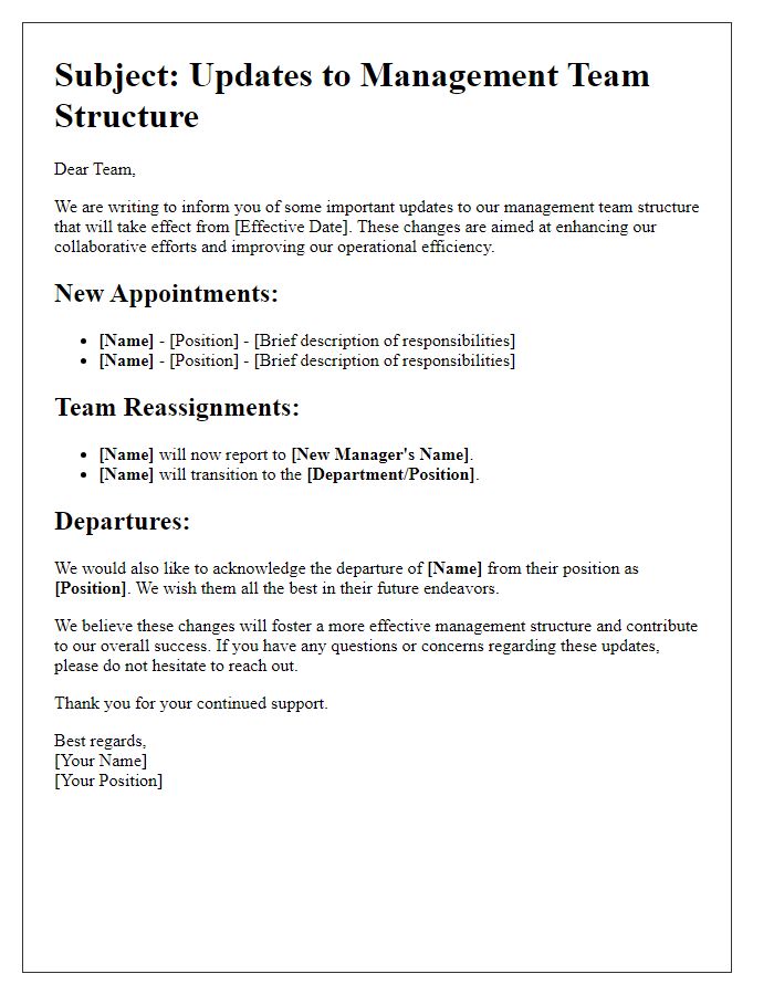 Letter template of updates to the management team structure.