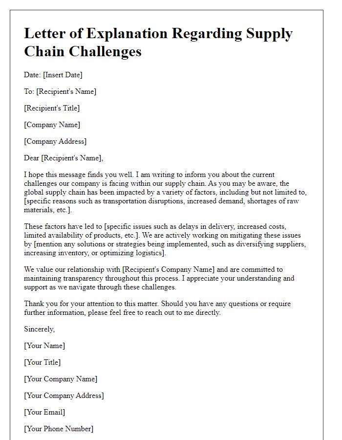 Letter template of explanation regarding supply chain challenges